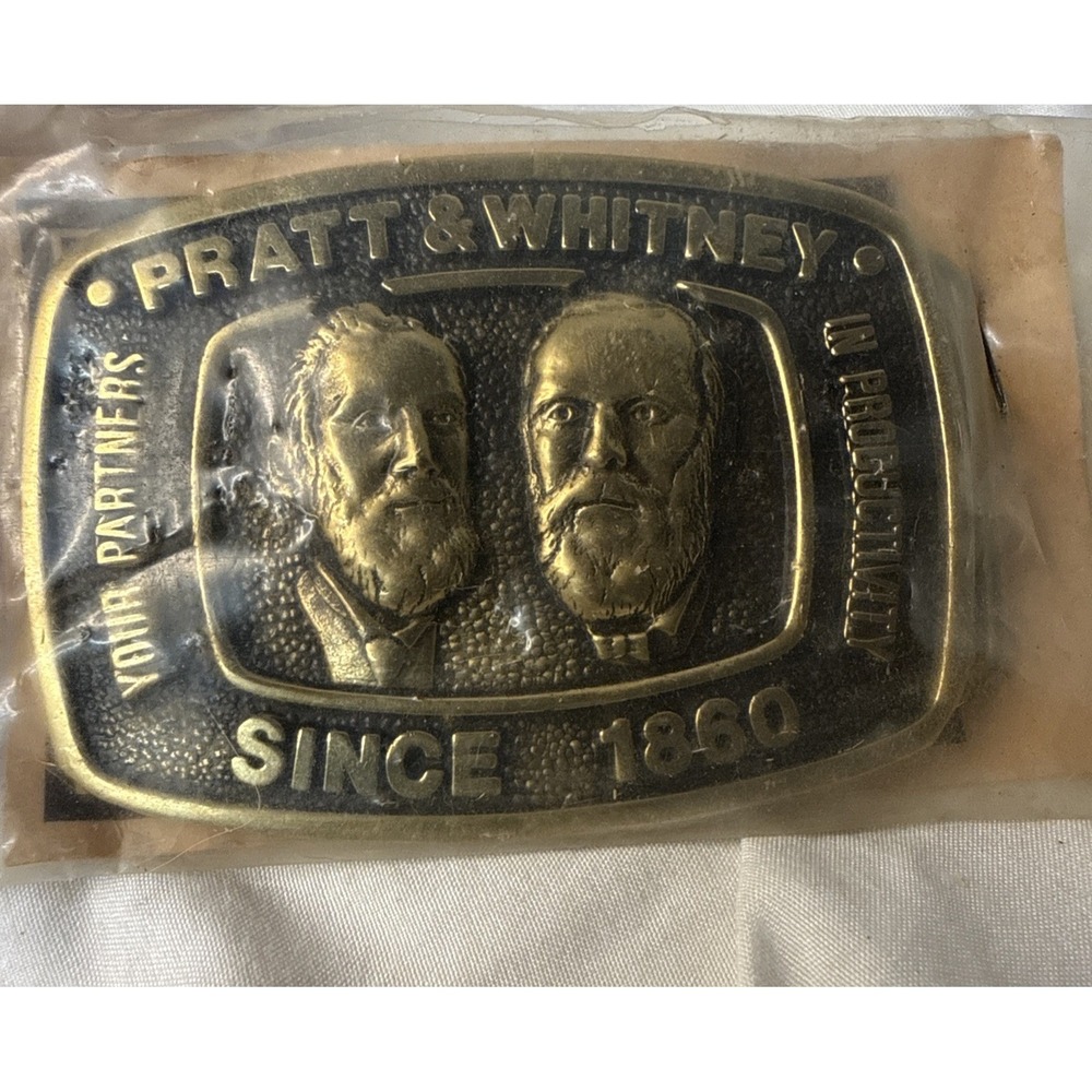 Vintage 70's PRATT & WHITNEY 1860 Solid Brass Belt Buckle NIP USA Paul Rollins